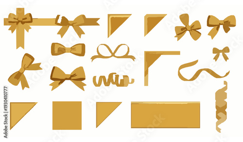 Elegant golden favor ribbons and corner bows vector set for decoration