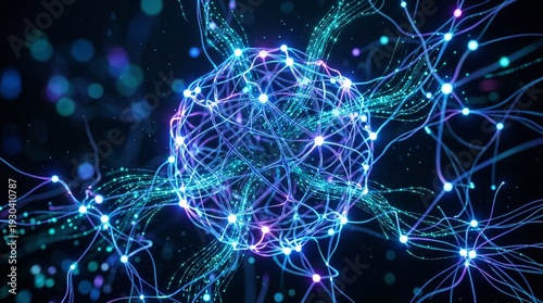 Neural Network: A visually striking representation of a neural network, illuminating the intricate connections and complex processes within the realm of technology and science.