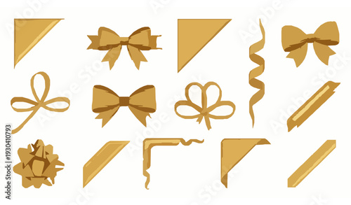 Decorative golden corner ribbons and bows vector set for luxury design