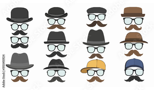 Stylish hat with glasses and mustache vector collection