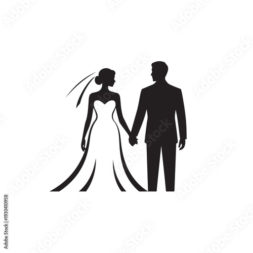 Minimal black and white of a bride and groom holding hands
