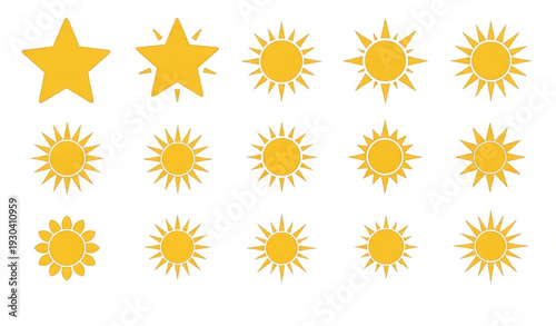 Yellow Sun Star Icons Flat Vector Set for Summer and Heat