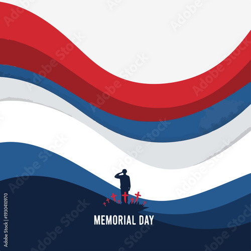 Remembrance illustration featuring a saluting silhouette, crosses, and wavy colors
