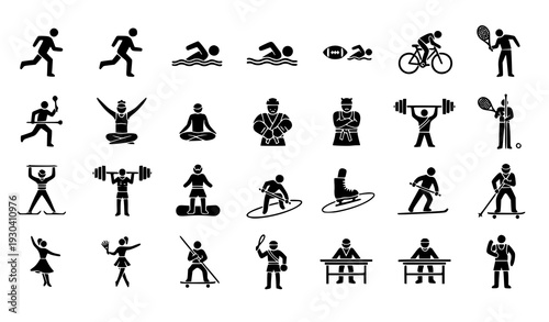 Athletic activity flat glyph vector icon set of sport people