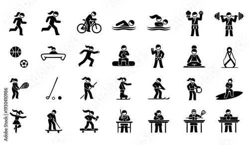 Sports and fitness flat glyph vector icons of people