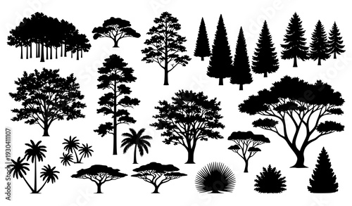 Realistic forest and tree silhouettes vector set isolated on white