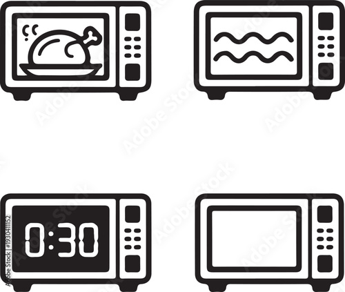 Four different microwave oven icons showcasing various features and functions