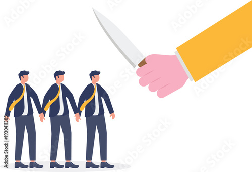 Giant Hand with Knife Threatening Group of Three Businessmen