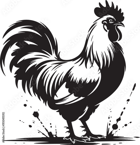 Proud rooster standing in mud splashes vector illustration for rural farm lifestyle and decor