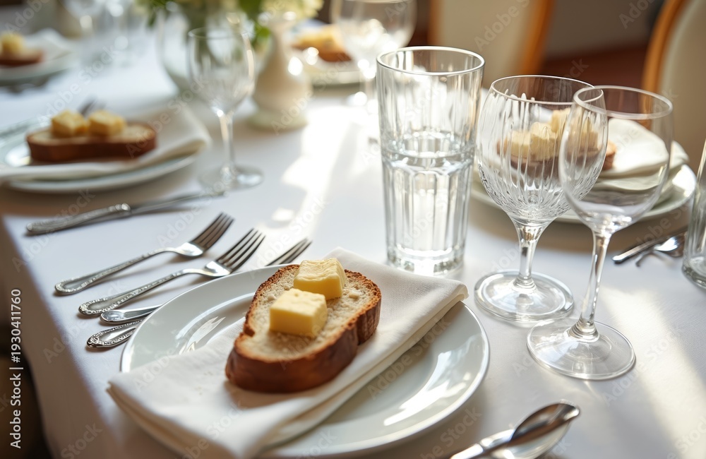Fototapeta premium Elegant table setting features bread with butter on plate. Silverware, wine glasses, and water glass are arranged neatly for meal. Formal dining setup awaits guests.