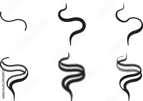 Abstract smoke swirl set, black vapor wave shapes collection isolated on white background vector