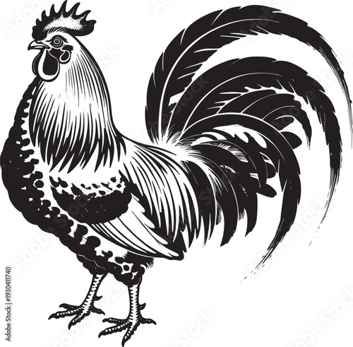 Rooster vector illustration in black and white sketch style for farm organic logo design mark