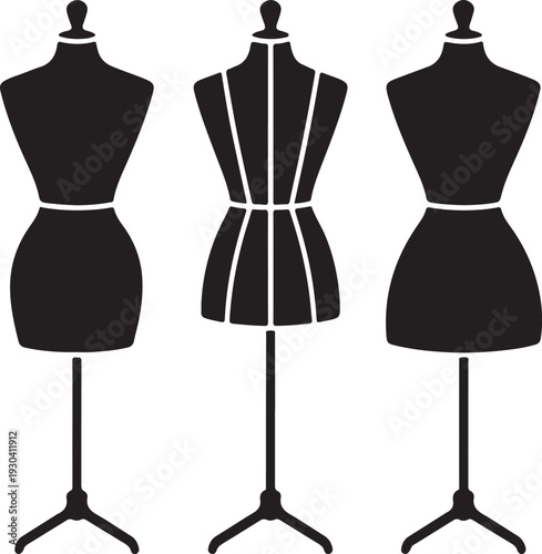 Three black mannequins in different styles standing on tripod bases