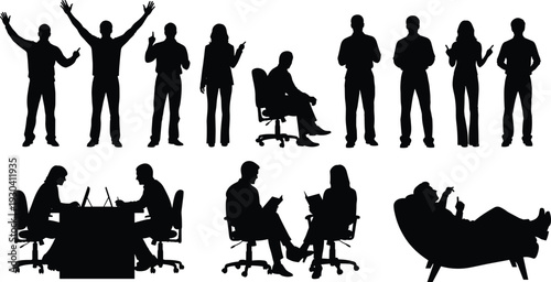 Business people silhouettes in office activities and meeting scenes isolated on white background, professional men and women working, discussing and relaxing concept set