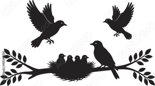 Bird family silhouette scene, flying and perched birds with nest on tree branch