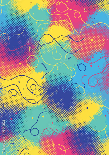 Abstract colorful background with halftone and ink blot elements and decorative lines