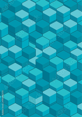 Abstract blue geometric pattern of hexagon shapes creating a three dimensional visual effect.