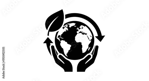 Earth in hands with leaf and arrows.