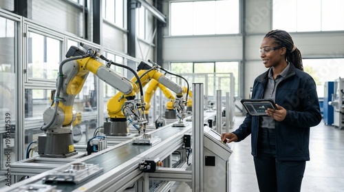 Smart Factory Operation: A skilled worker meticulously monitors a series of advanced robotic arms in a state-of-the-art smart factory, overseeing the automated production process with precision.