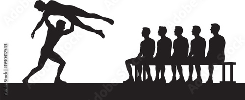 Cheerleading stunt silhouette scene, athletes performing lift with team sitting on bench isolated background