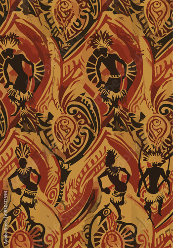 Abstract African tribal pattern design featuring dancing figures and cultural motifs in warm colors.
