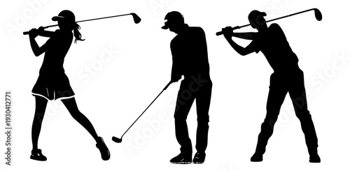Silhouettes of golfers playing golf and musician in the background