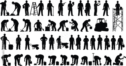 Construction worker silhouettes set with tools and equipment isolated on white background, builder, painter and laborer collection for industrial and maintenance concepts