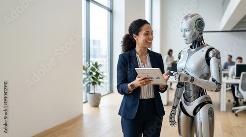 Digital Collaboration in the Modern Office: A business woman and a realistic android engage in collaborative conversation within the office environment.