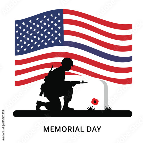 Silhouette of a kneeling soldier and flag, honoring fallen heroes