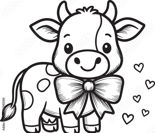 Cute baby cow cartoon vector illustration, adorable farm animal character with bow isolated on white background