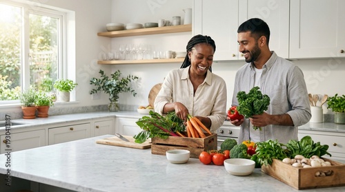 Culinary Togetherness: A cheerful couple engages in preparing a healthy meal together in a bright, modern kitchen, the scene filled with the vibrant colors of fresh produce.