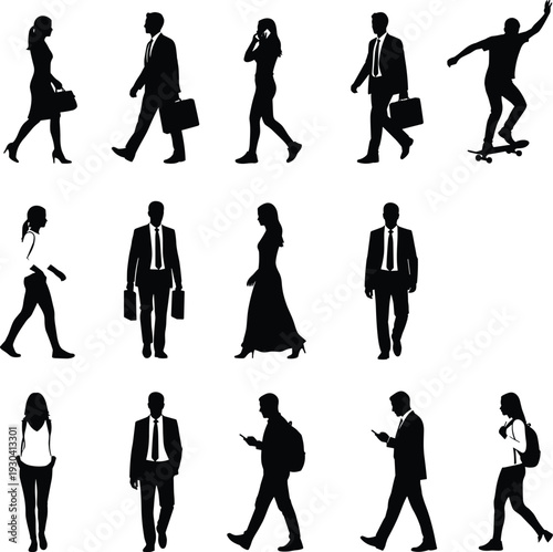 Silhouette people activities, walking posture, mobile phone use, business briefcase, backpack carrying, skateboarding motion, urban lifestyle, everyday behavior, diverse human actions