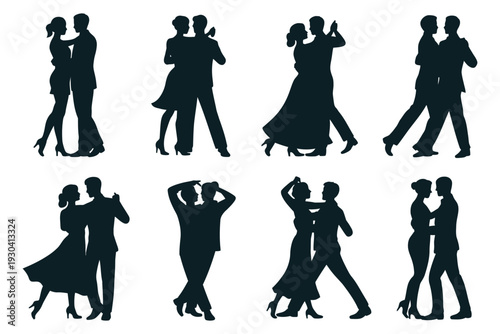 Ballroom dancing couples silhouettes showing romantic partners in various dance poses and elegant movements on transparent background vector
