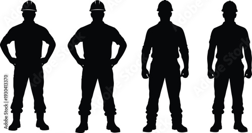 Construction worker silhouettes wearing safety helmets isolated on white background, professional builder and engineer figures standing confidently for industrial and engineering concepts