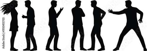 Silhouette people communication, body language interaction, conflict resolution, teamwork discussion, 
