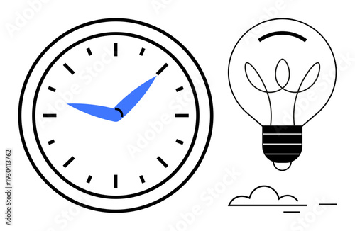 Time management, productivity, creativity, innovation, brainstorming, energy. Minimalist clock with blue hands next to a light bulb illustration. Time management and creativity concept