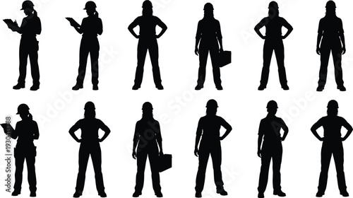 Female construction worker silhouettes set with helmet, clipboard and toolbox isolated on white background, professional woman builder and engineer poses collection