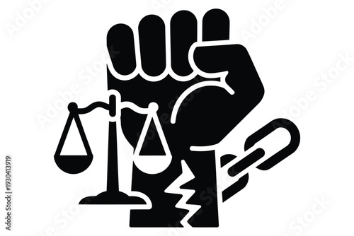 Fist breaking chain with scales of justice symbol representing freedom resistance and legal rights