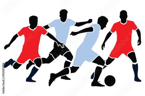 Four soccer players silhouette in motion during game competing for ball two teams red and blue