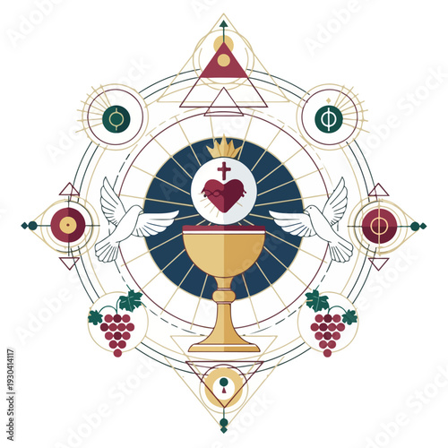 Symbolic Christian emblem with a chalice, heart, doves, and grapes