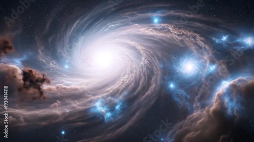 Captivating Image of a Spiral Galaxy with Bright Center and Surrounding Cosmic Clouds for Astronomy and Space Exploration Promotions