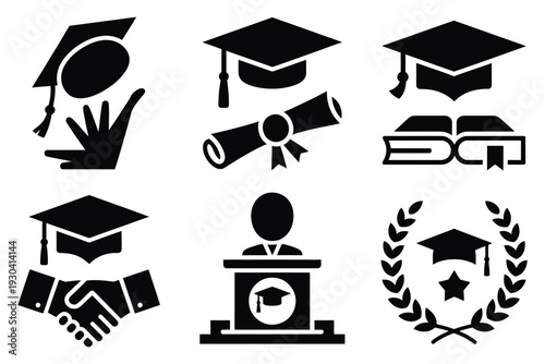 Graduation academic symbols cap diploma books handshake podium laurel wreath and academic achievement on transparent background