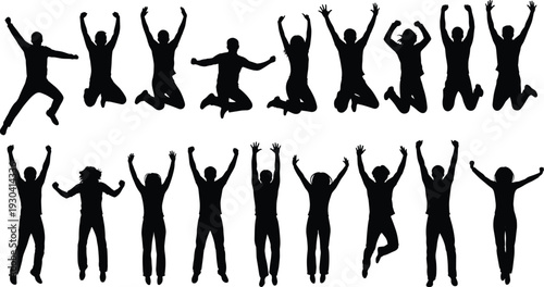 Group of jumping people silhouettes celebrating success isolated on white background, energetic crowd expressing happiness, freedom, teamwork and victory concept excitement and unity themes