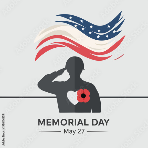 Silhouette of soldier saluting, American flag, poppy, Memorial Day