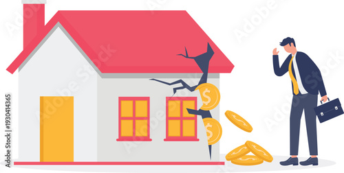 Cracked House Leaking Gold Coins Near Worried Businessman