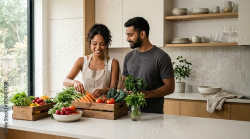 Culinary Harmony: A couple shares a warm moment of togetherness in a well-lit kitchen, preparing a vibrant array of fresh vegetables. Embracing the joy of healthy living and culinary connection.