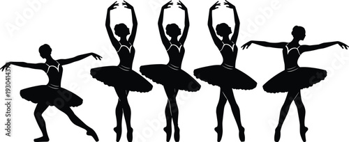 Silhouette ballet dancers, elegant tutu posture, graceful movement, classical dance positions, artistic expression, discipline performance, cultural art, feminine elegance, choreography
