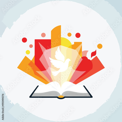 Symbolic illustration of an open book, dove, light, and abstract forms