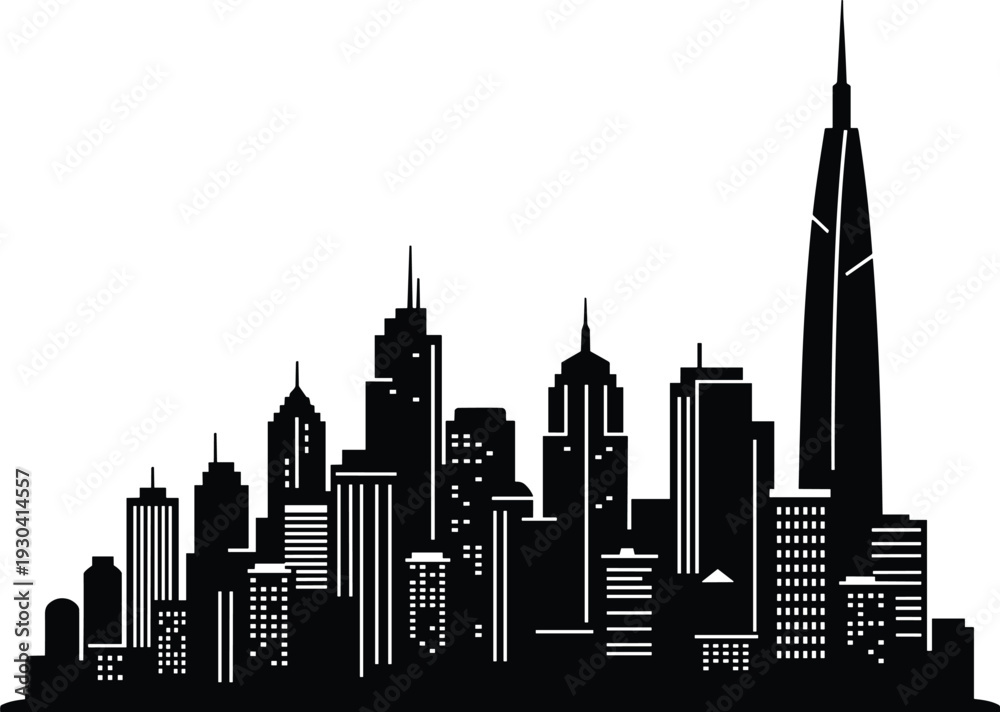 Obraz premium Silhouette city skyline, urban skyscrapers, metropolitan buildings, architectural design, modern high rise, urban landscape, cityscape illustration, business district, skyline view