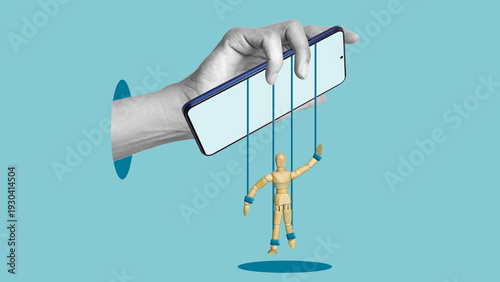 Tableau sur toile Brainwashing and digital addiction concept, Smartphone controlling human behavio